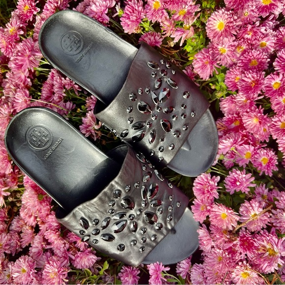 Tory Burch Shoes - Tory Burch Brae Crystal Leather Slide Sandal Black Leather 5.5